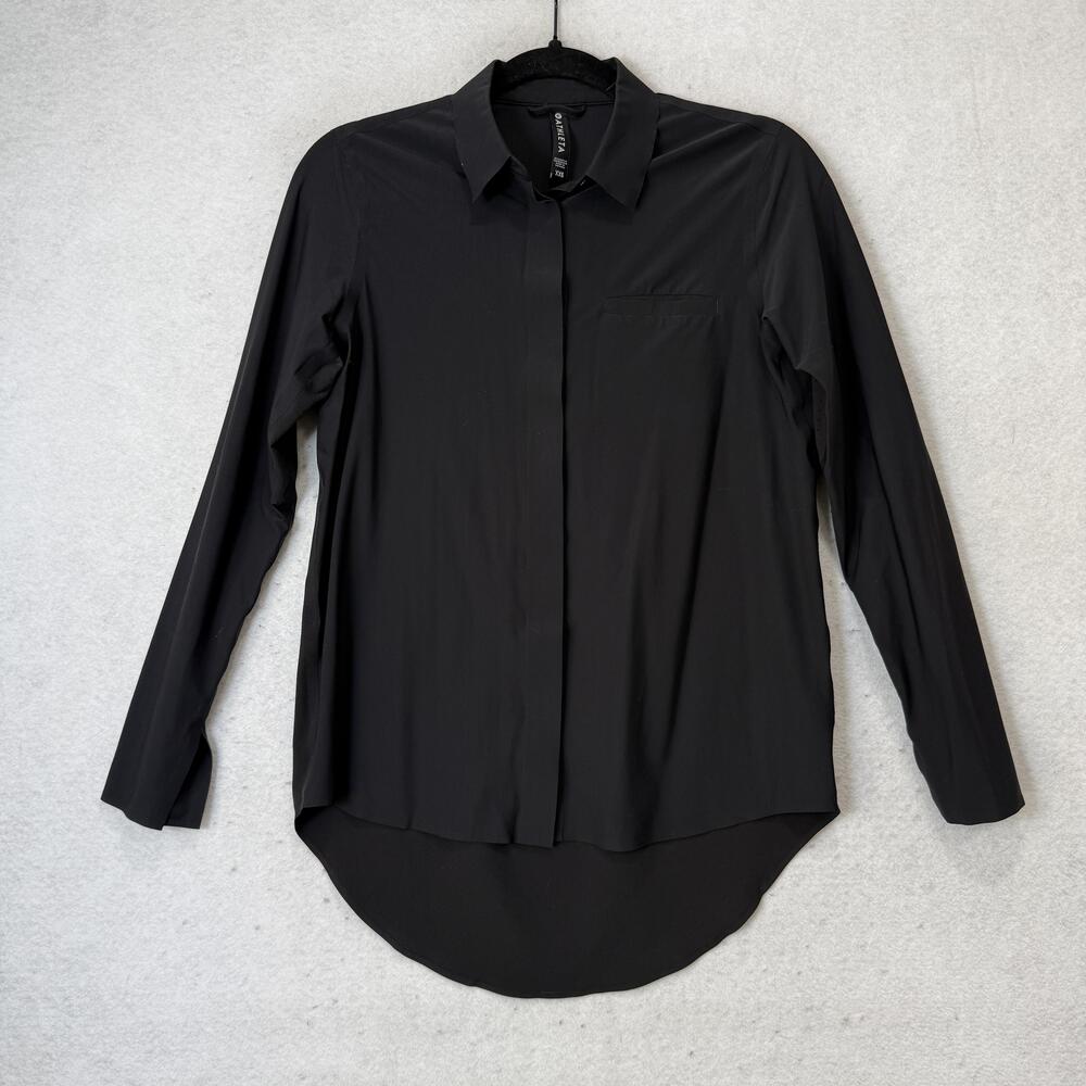 Athleta Shirt Womens XXS Black Long Sleeve Button Front Tunic Top Lightweight